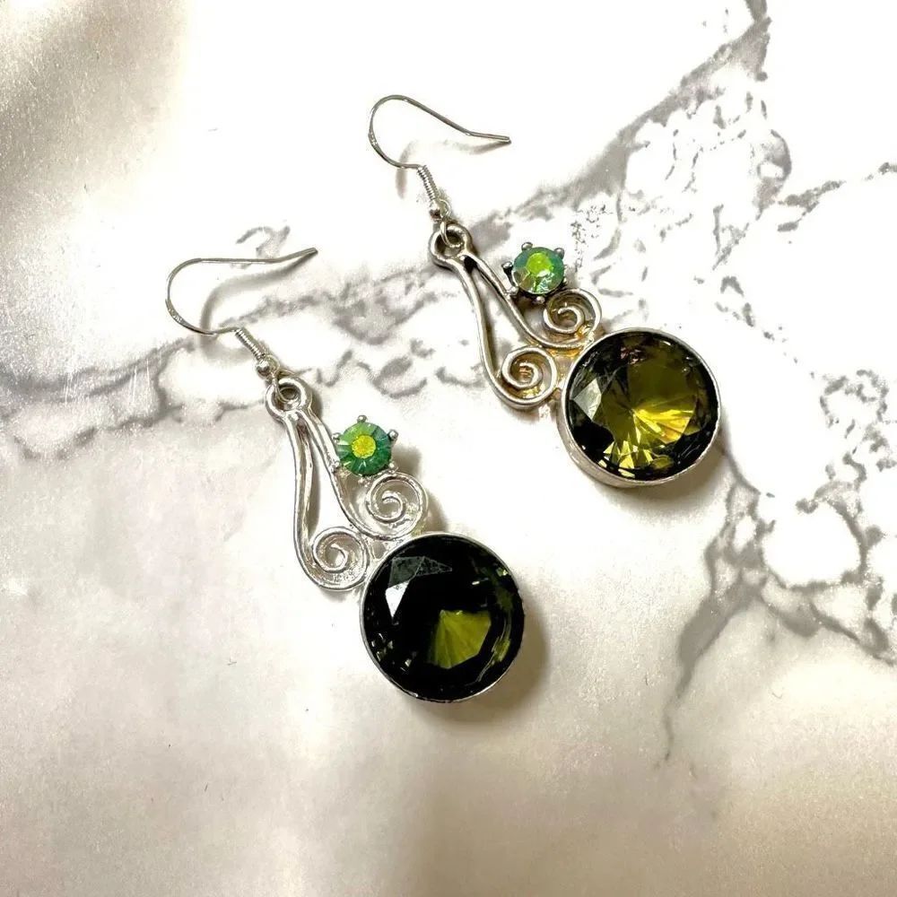 Silver green rhinestone drop earrings